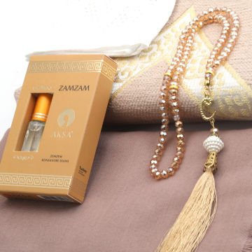 Hediyelik Seccade Eşarp Tesbih Takke Ve Esans Seti Gold