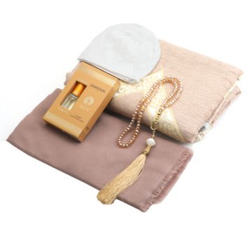 Hediyelik Seccade Eşarp Tesbih Takke Ve Esans Seti Gold