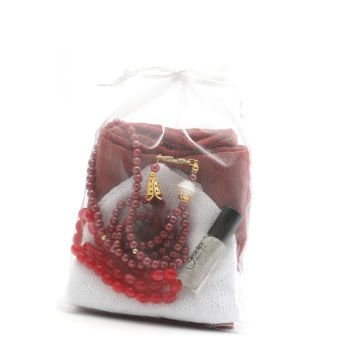 Hediyelik Eşarp Tesbih Esans Takke Seti Bordo