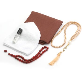 Hediyelik Eşarp Tesbih Esans Takke Seti Gold