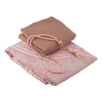 Kadınlara Özel Seccade Eşarp Tesbih Hac Ve Umre Seti Pembe