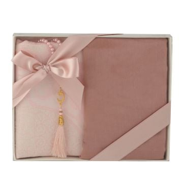 Kadınlara Özel Seccade Eşarp Tesbih Hac Ve Umre Seti Pembe