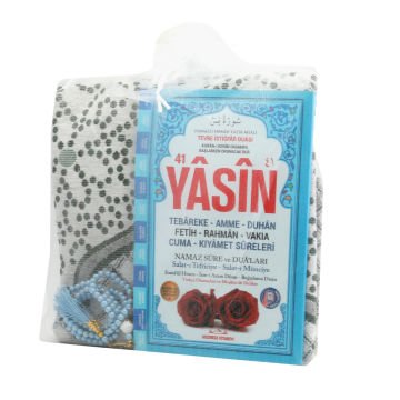 Hediyelik Seccade Yasin Tesbih Tül Kese Seti Mavi