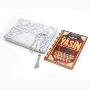 Hediyelik Seccade Yasin Tesbih Tül Kese Seti Gri