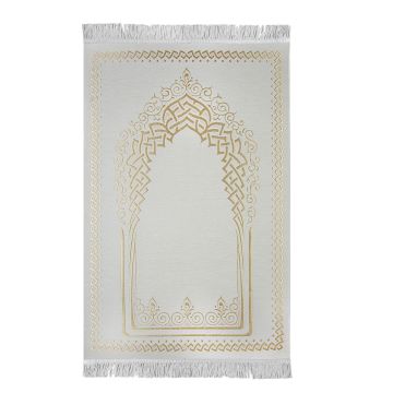 Desenli Mihraplı Lüks Saçaklı Şönil Seccade Krem