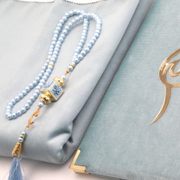 Hediyelik Seccade Yasin Tesbih Seti Mavi