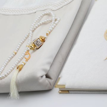 Hediyelik Seccade Yasin Tesbih Seti Krem