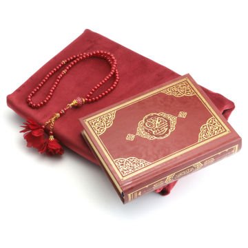 Hediyelik Seccade Kuran-ı Kerim Tesbih Seti Bordo