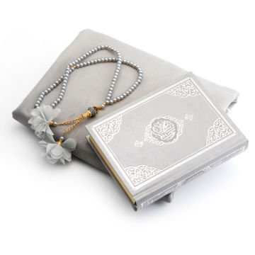 Hediyelik Seccade Kuran-ı Kerim Tesbih Seti Gri