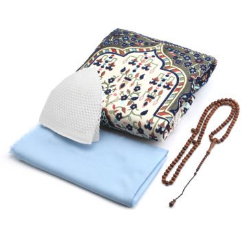 Hediyelik Seccade Eşarp Tesbih Takke Seti Mavi