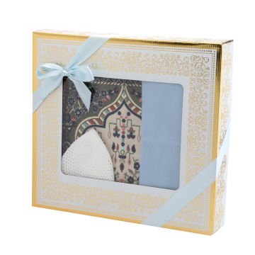 Hediyelik Seccade Eşarp Tesbih Takke Seti Mavi