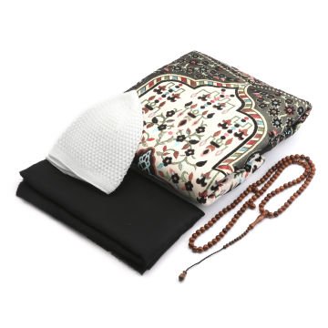 Hediyelik Seccade Eşarp Tesbih Takke Seti Siyah