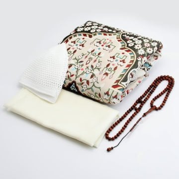 Hediyelik Seccade Eşarp Tesbih Takke Seti Krem