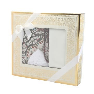 Hediyelik Seccade Eşarp Tesbih Takke Seti Krem