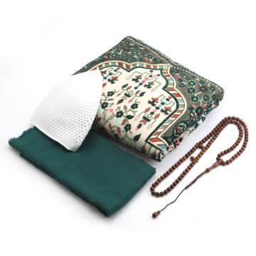 Hediyelik Seccade Eşarp Tesbih Takke Seti Yeşil