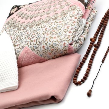 Hediyelik Seccade Eşarp Tesbih Takke Seti Pembe