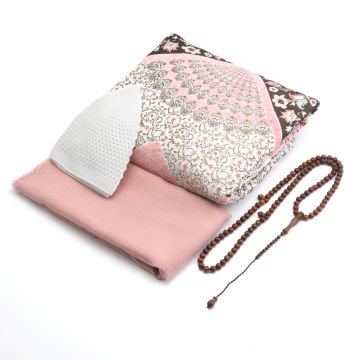 Hediyelik Seccade Eşarp Tesbih Takke Seti Pembe