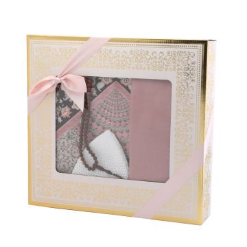 Hediyelik Seccade Eşarp Tesbih Takke Seti Pembe