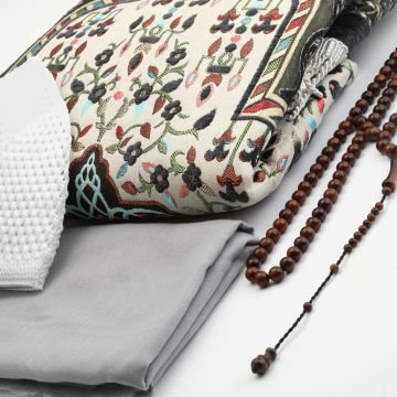 Hediyelik Seccade Eşarp Tesbih Takke Seti Gri