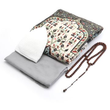 Hediyelik Seccade Eşarp Tesbih Takke Seti Gri