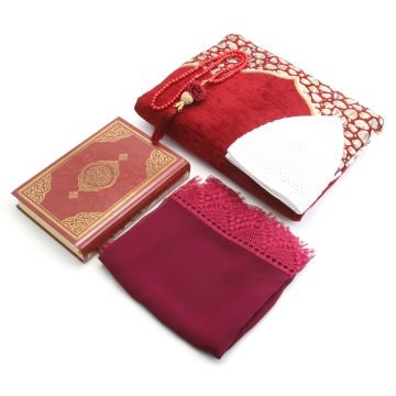 Hediyelik Seccade Kuran-ı Kerim Mevlid Örtüsü Tesbih Takke Seti Bordo