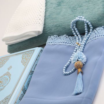 Hediyelik Seccade Kuran-ı Kerim Mevlid Örtüsü Tesbih Takke Seti Mavi