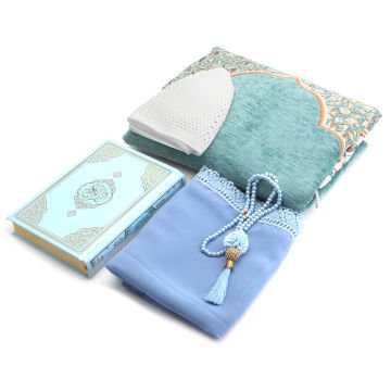 Hediyelik Seccade Kuran-ı Kerim Mevlid Örtüsü Tesbih Takke Seti Mavi