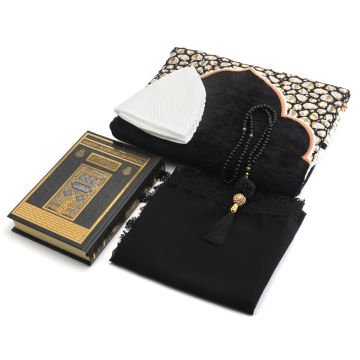 Hediyelik Seccade Kuran-ı Kerim Mevlid Örtüsü Tesbih Takke Seti Siyah