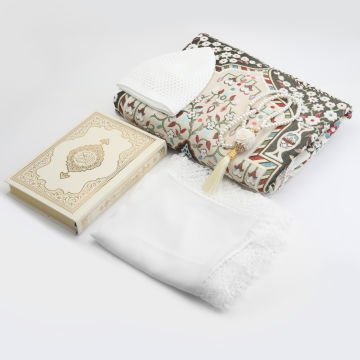 Hediyelik Seccade Kuran-ı Kerim Mevlid Örtüsü Tesbih Takke Seti Krem