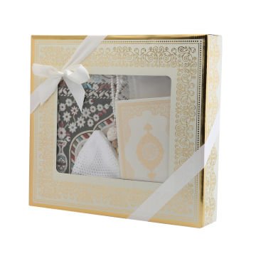 Hediyelik Seccade Kuran-ı Kerim Mevlid Örtüsü Tesbih Takke Seti Krem