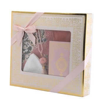 Hediyelik Seccade Kuran-ı Kerim Mevlid Örtüsü Tesbih Takke Seti Pembe