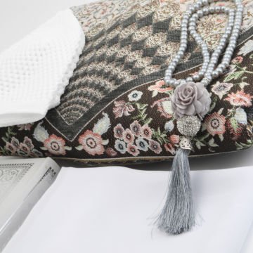 Hediyelik Seccade Kuran-ı Kerim Mevlid Örtüsü Tesbih Takke Seti Gri