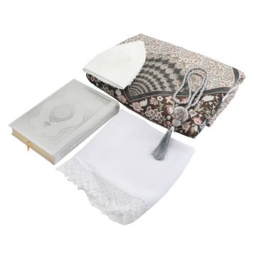 Hediyelik Seccade Kuran-ı Kerim Mevlid Örtüsü Tesbih Takke Seti Gri