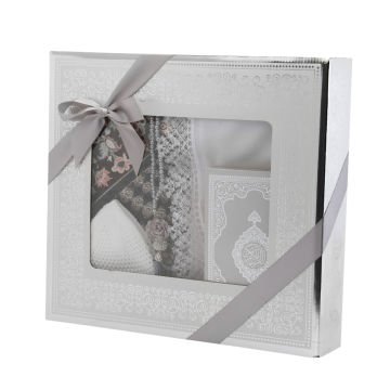 Hediyelik Seccade Kuran-ı Kerim Mevlid Örtüsü Tesbih Takke Seti Gri