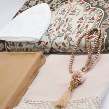 Hediyelik Seccade Kuran-ı Kerim Mevlid Örtüsü Tesbih Takke Seti Gold