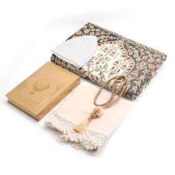 Hediyelik Seccade Kuran-ı Kerim Mevlid Örtüsü Tesbih Takke Seti Gold