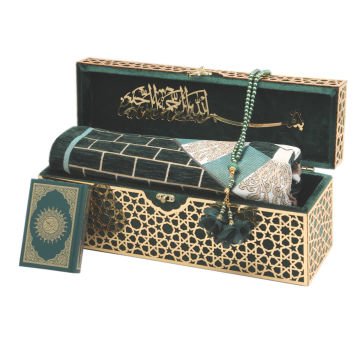38x11x15 Cm Kadife Kaplı Seccade Kuran-ı Kerim Tesbih Kutusu Yeşil