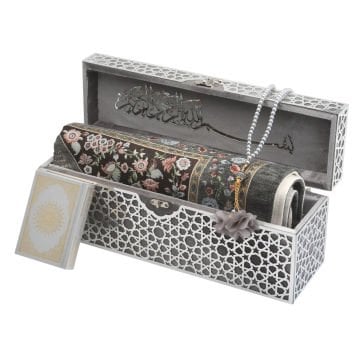 38x11x15 Cm Kadife Kaplı Seccade Kuran-ı Kerim Tesbih Kutusu Gri