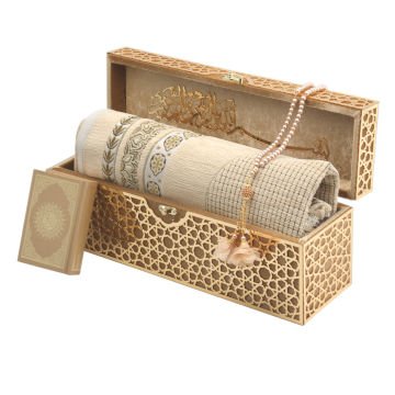 38x11x15 Cm Kadife Kaplı Seccade Kuran-ı Kerim Tesbih Kutusu Gold
