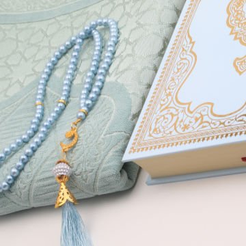 Hediyelik Seccade Kuran-ı Kerim Tesbih Seti Mavi