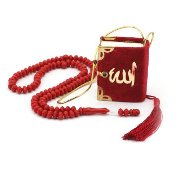 Hediyelik Mini Kuran-ı Kerim Tesbih Seti Bordo
