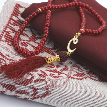 Hediyelik Seccade Şal Tesbih Seti Bordo