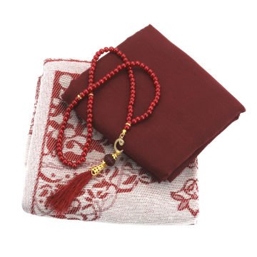 Hediyelik Seccade Şal Tesbih Seti Bordo