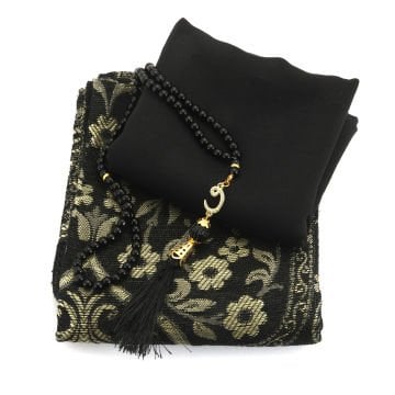 Hediyelik Seccade Şal Tesbih Seti Siyah