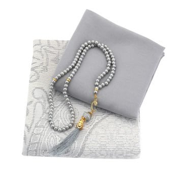 Hediyelik Seccade Şal Tesbih Seti Gri