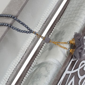Kadife Pleksi Sandıklı Lüks Seccade Tesbih Seti Gri