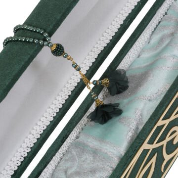 Kadife Pleksi Sandıklı Lüks Seccade Tesbih Seti Yeşil