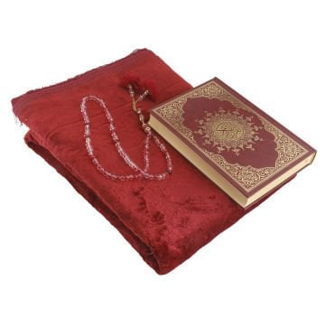 Hediyelik Seccade Kuran-ı Kerim Tesbih Seti Bordo