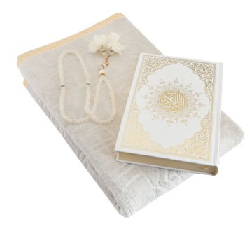 Hediyelik Seccade Kuran-ı Kerim Tesbih Seti Krem