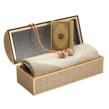 37x15x16 Cm Hediyelik Seccade Kuran-ı Kerim Tesbih Sandık Set Gold